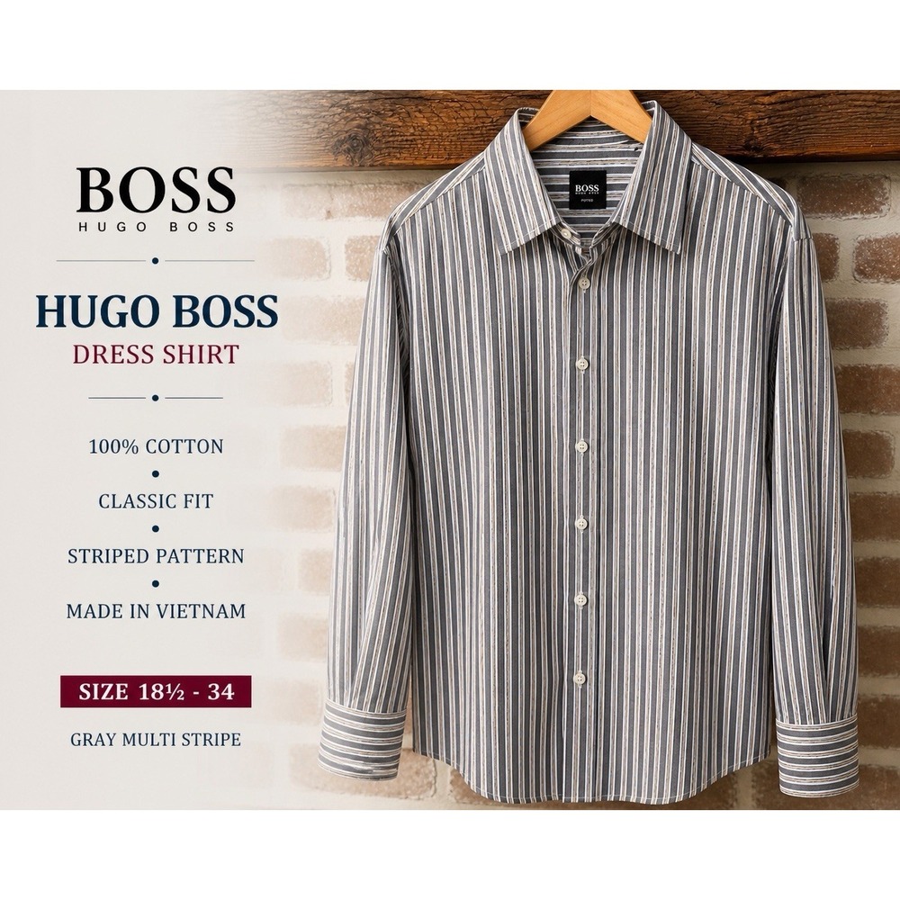 Hugo Boss Men's XXL Gray Blue Striped Button Up Dress Shirt Long Sleeve